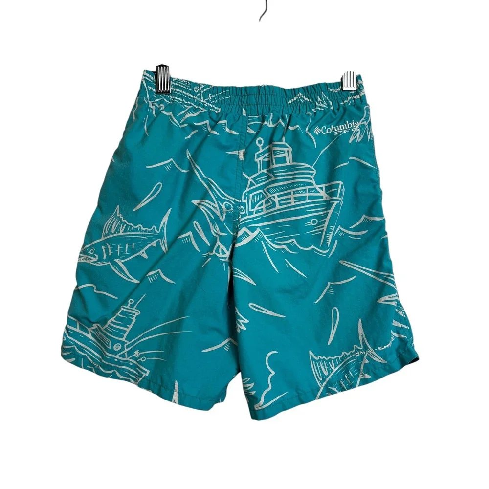 Columbia Kids‎ Teal Fish Boat Print Swim Trunks Shorts Size 6